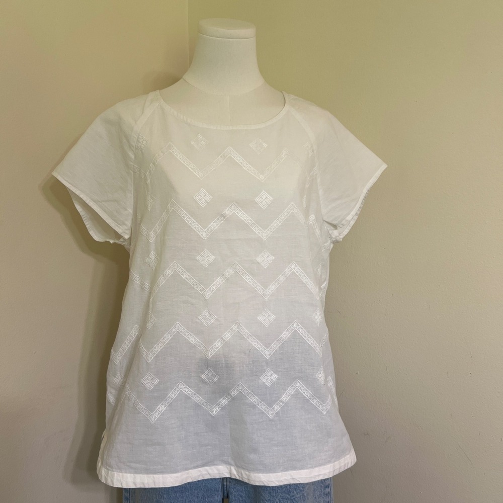 LOFT Womens White Cotton Linen Blend Embroidered Chevron Short Sleeve Top Large